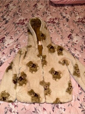 Kids Hooded Teddy Faux Fur Jacket - Beige with Bear Print